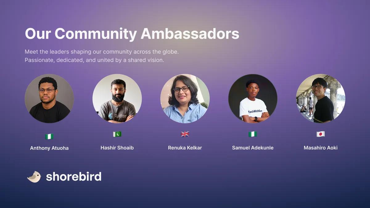 Headshots of the first 5 Shorebird Community Ambassadors representing Nigeria, UK, Pakistan, and Japan